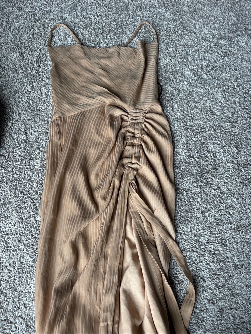 NBD Taupe Ruched Slip Maxi Dress